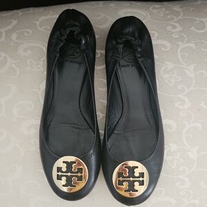 Tory Burch Black Flats with Gold Emblem